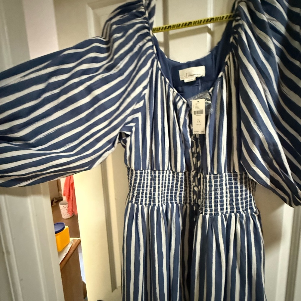 Anthropologie Navy and White Vertical Stripe Peasant Top